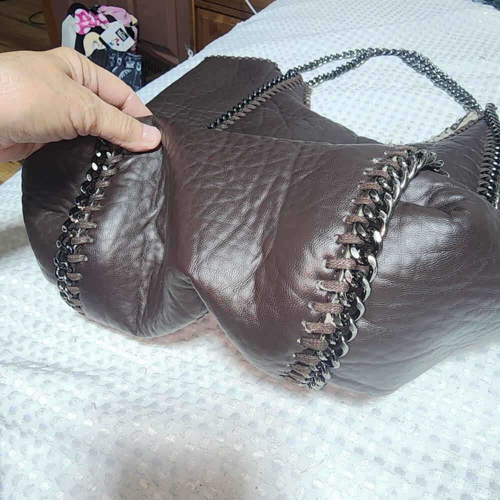 MODE LUXE GUC SHERPA LINED GUNMETAL CHAIN LEATHER RICH BROWN SHOULDER BAG - Picture 2 of 8